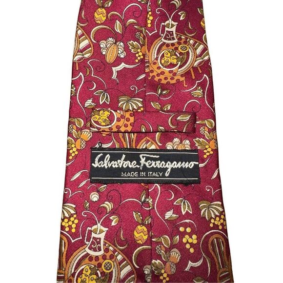 Salvatore Ferragamo Red Fall Harvest Print Handmade Neck Tie - Picture 3 of 6